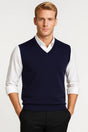Men's sleeveless V-neck sweater vest with ribbed trims worn over a white shirt
