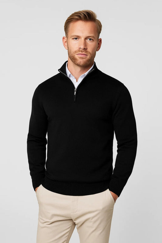 Men's half-zip mock neck jumper with long sleeves and ribbed trims
