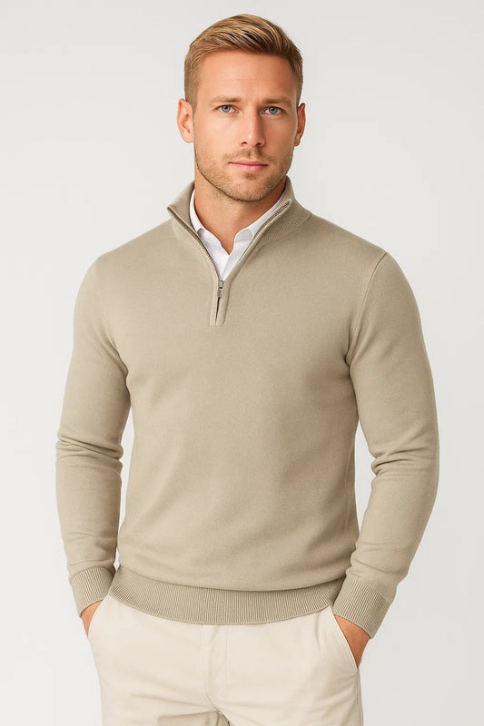 Men's half-zip mock neck jumper with long sleeves and ribbed trims