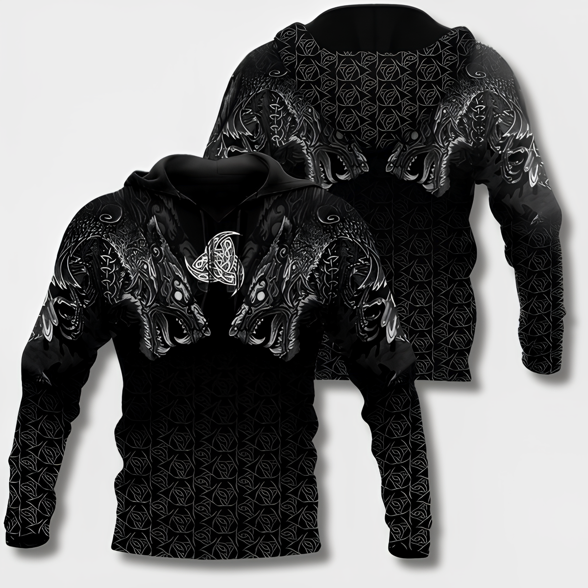 Men's black hoodie with detailed Viking graphic motifs and long sleeves