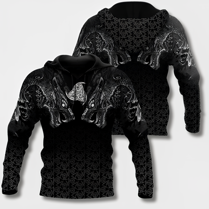 Men's black hoodie with detailed Viking graphic motifs and long sleeves
