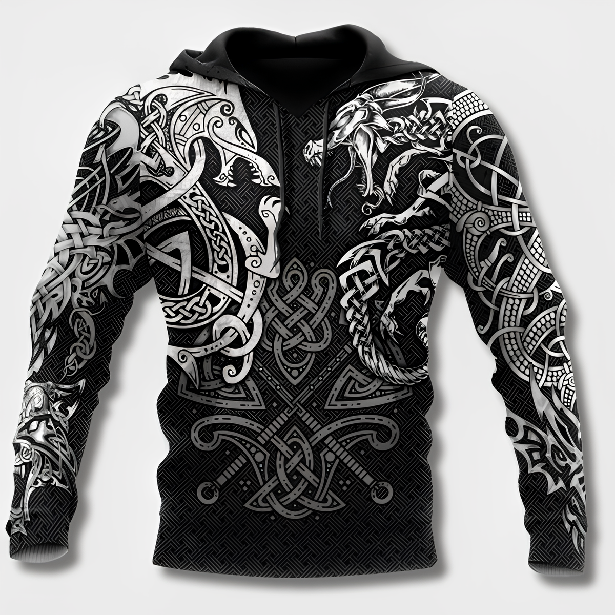 Men's black hoodie with detailed Viking graphic motifs and long sleeves