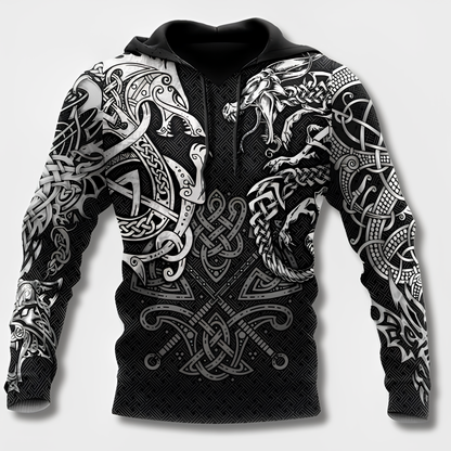 Men's black hoodie with detailed Viking graphic motifs and long sleeves