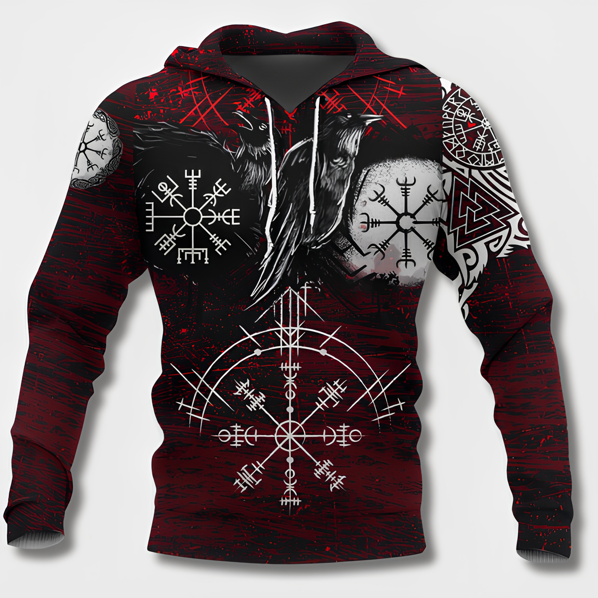 Men's black hoodie with detailed Viking graphic motifs and long sleeves