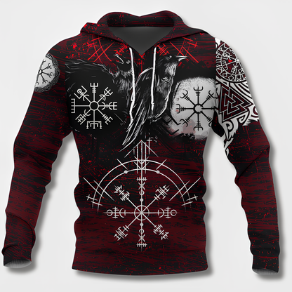 Men's black hoodie with detailed Viking graphic motifs and long sleeves