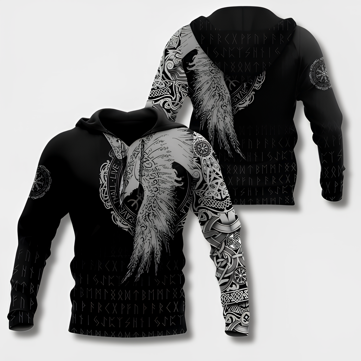 Men's black hoodie with detailed Viking graphic motifs and long sleeves