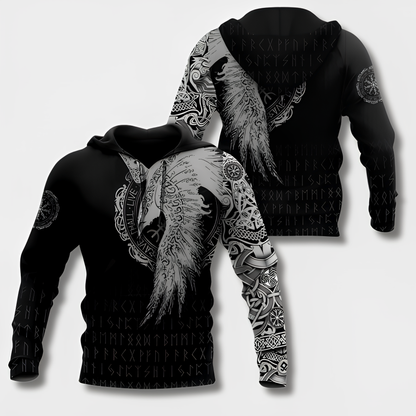 Men's black hoodie with detailed Viking graphic motifs and long sleeves