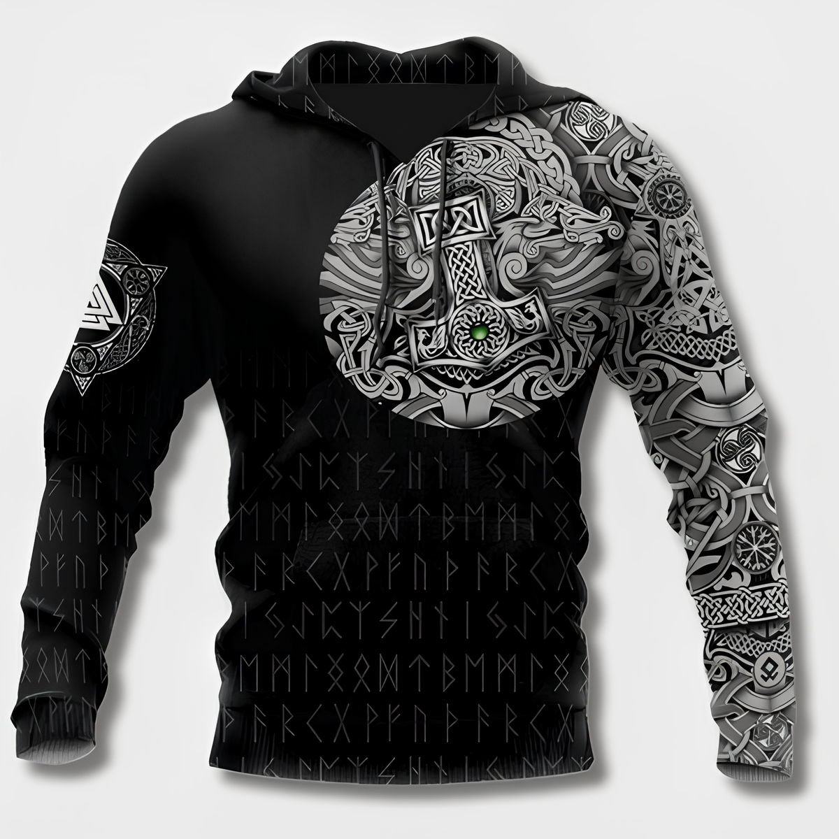 Men's black hoodie with detailed Viking graphic motifs and long sleeves