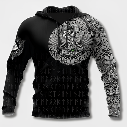 Men's black hoodie with detailed Viking graphic motifs and long sleeves