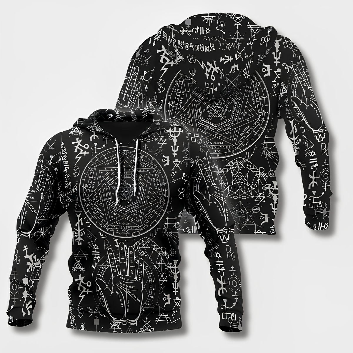 Men's black hoodie with detailed Viking graphic motifs and long sleeves