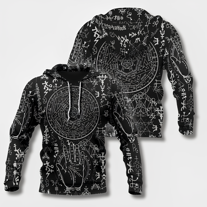Men's black hoodie with detailed Viking graphic motifs and long sleeves