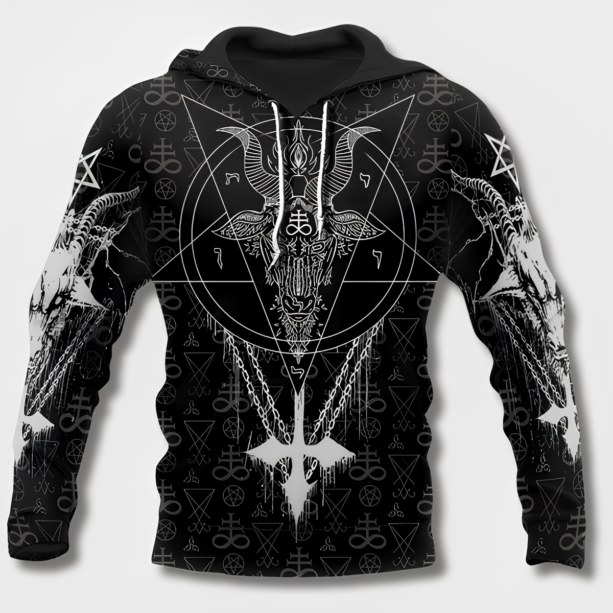 Men's black hoodie with detailed Viking graphic motifs and long sleeves