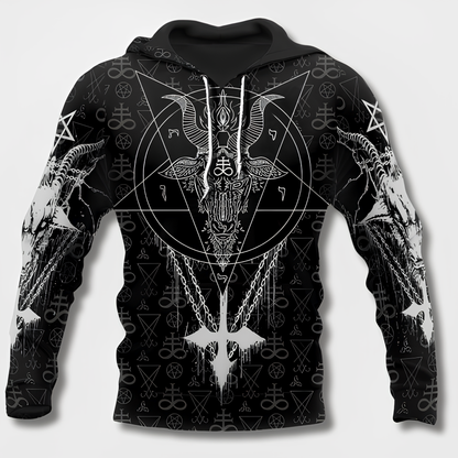 Men's black hoodie with detailed Viking graphic motifs and long sleeves