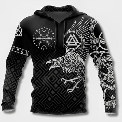 Men's black hoodie with detailed Viking graphic motifs and long sleeves