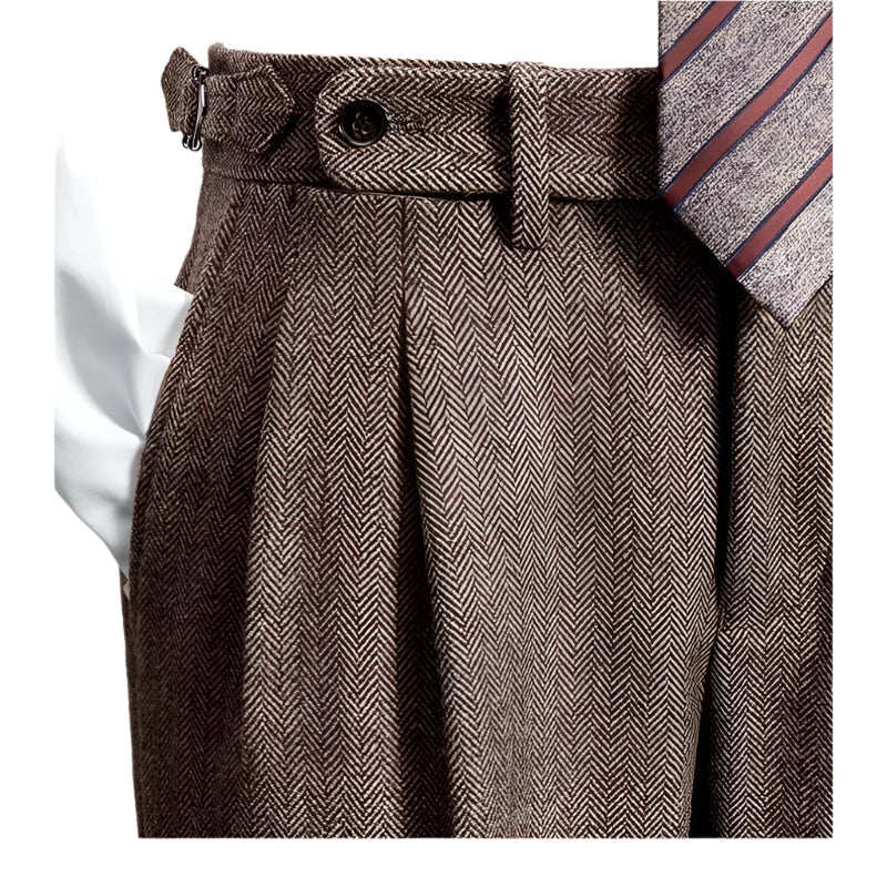 Men's pleated herringbone trousers with side adjuster and long wide legs