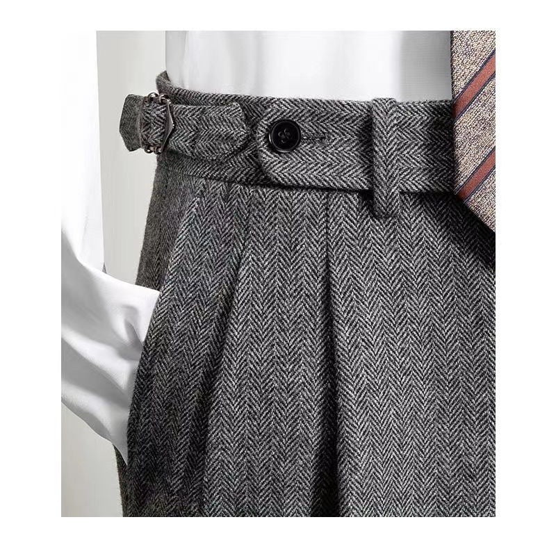 Men's pleated herringbone trousers with side adjuster and long wide legs