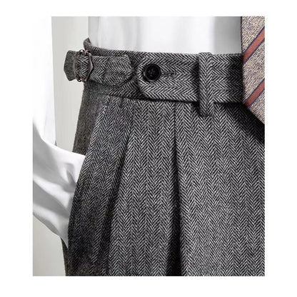 Men's pleated herringbone trousers with side adjuster and long wide legs