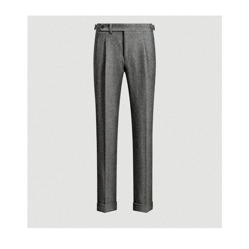 Men's pleated herringbone trousers with side adjuster and long wide legs