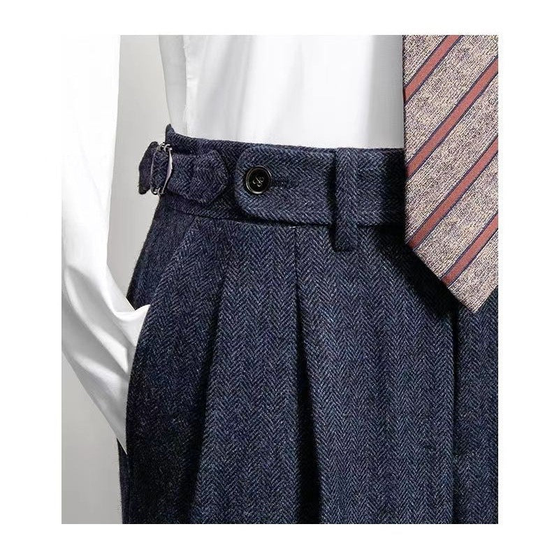 Men's pleated herringbone trousers with side adjuster and long wide legs