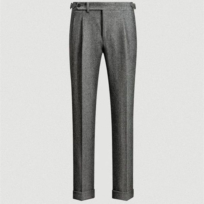 Men's pleated herringbone trousers with side adjuster and long wide legs