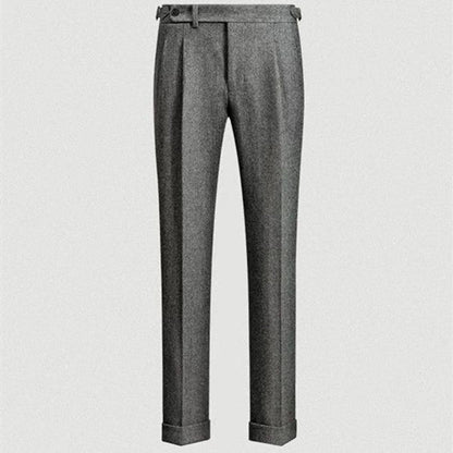 Men's pleated herringbone trousers with side adjuster and long wide legs