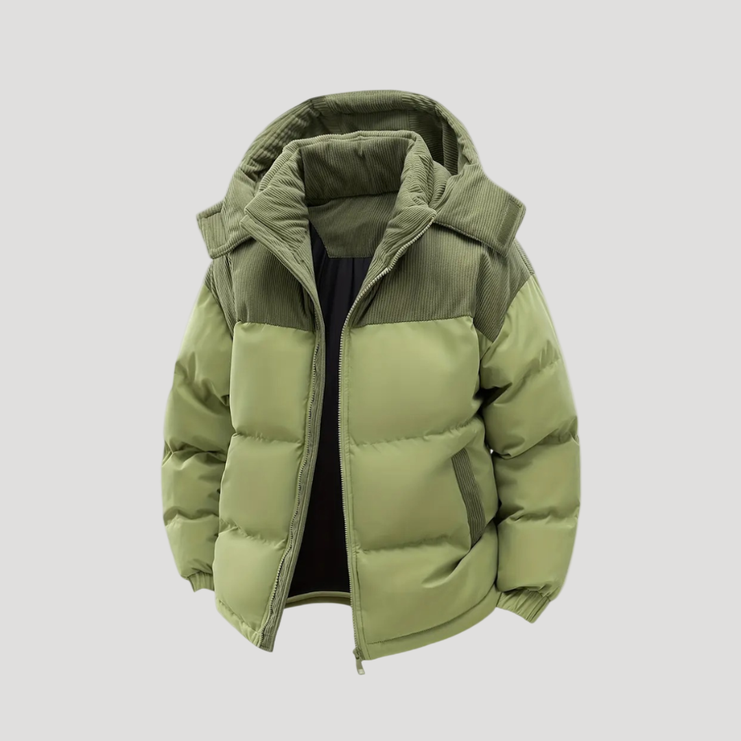 Men's hooded padded jacket with ribbed panels, zip front and front pockets
