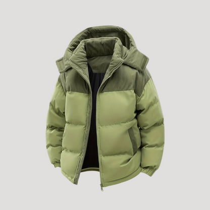Men's hooded padded jacket with ribbed panels, zip front and front pockets