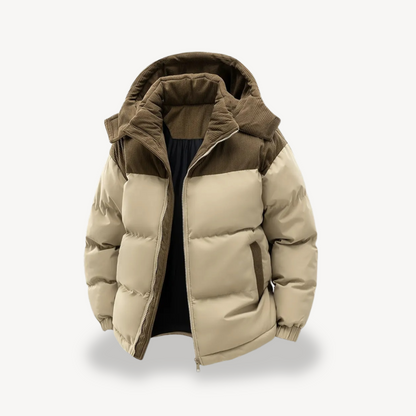 Men's hooded padded jacket with ribbed panels, zip front and front pockets