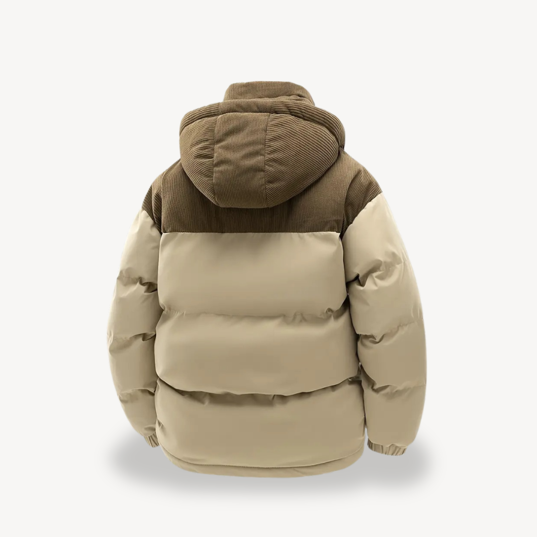 Men's hooded padded jacket with ribbed panels, zip front and front pockets
