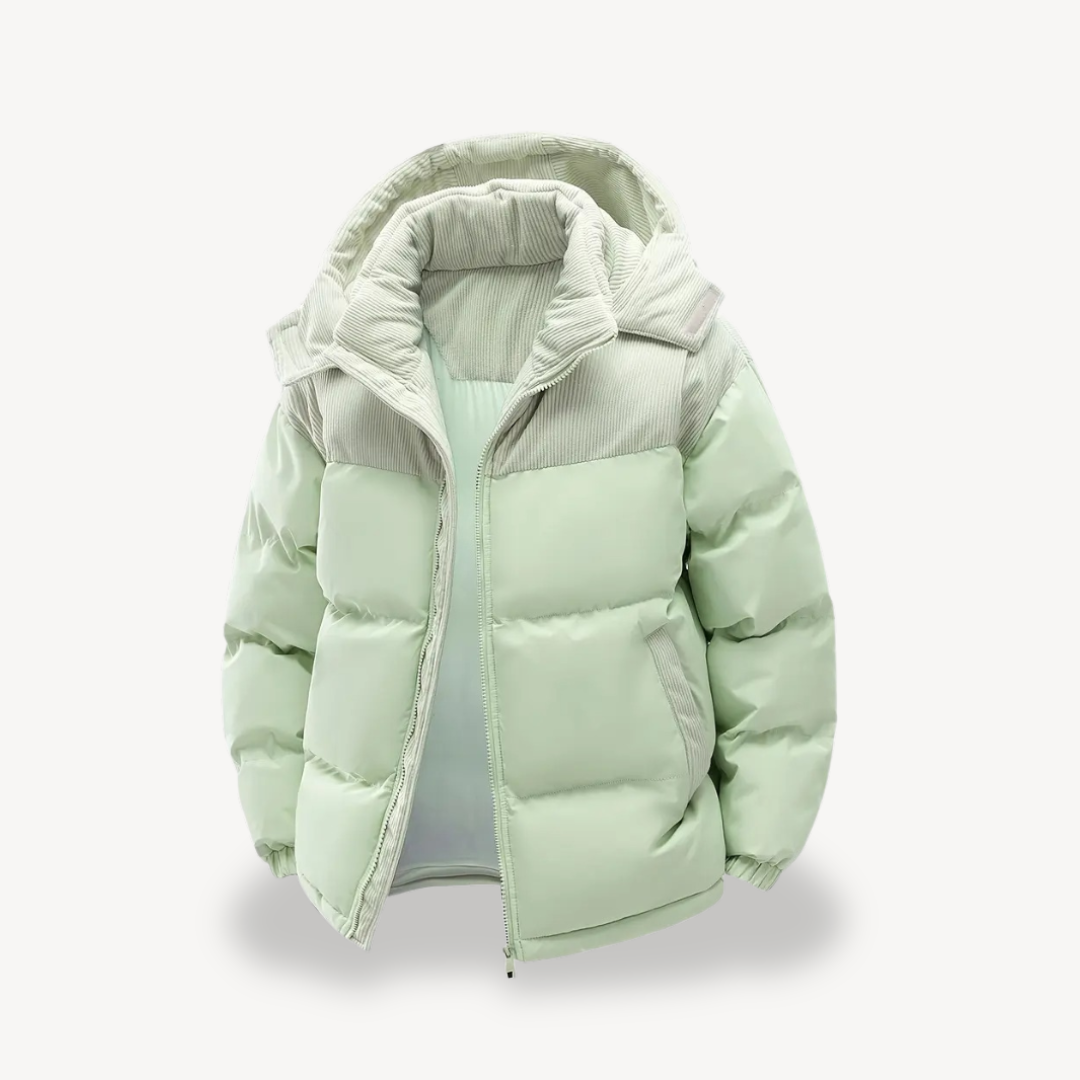 Men's hooded padded jacket with ribbed panels, zip front and front pockets
