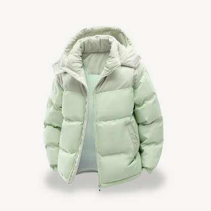 Men's hooded padded jacket with ribbed panels, zip front and front pockets