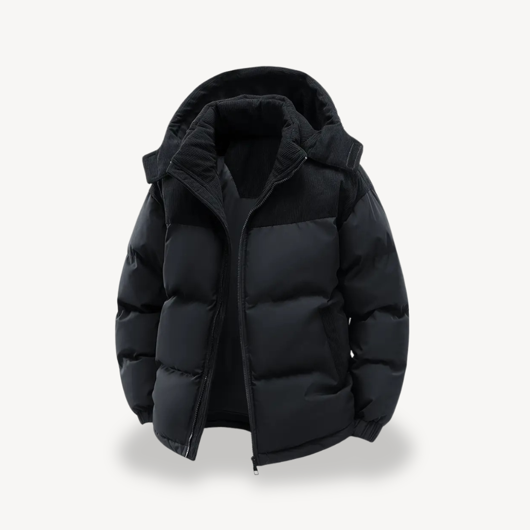 Men's hooded padded jacket with ribbed panels, zip front and front pockets