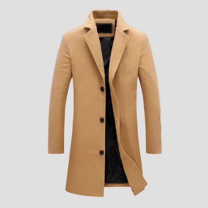 Men's long single-breasted coat with notch lapels and button front