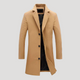 Men's long single-breasted coat with notch lapels and button front