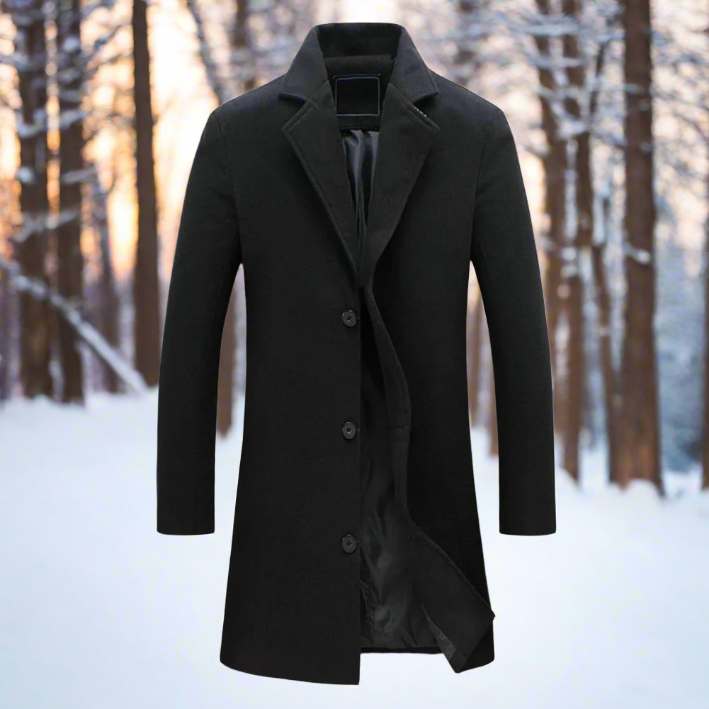 Men's long single-breasted coat with notch lapels and button front