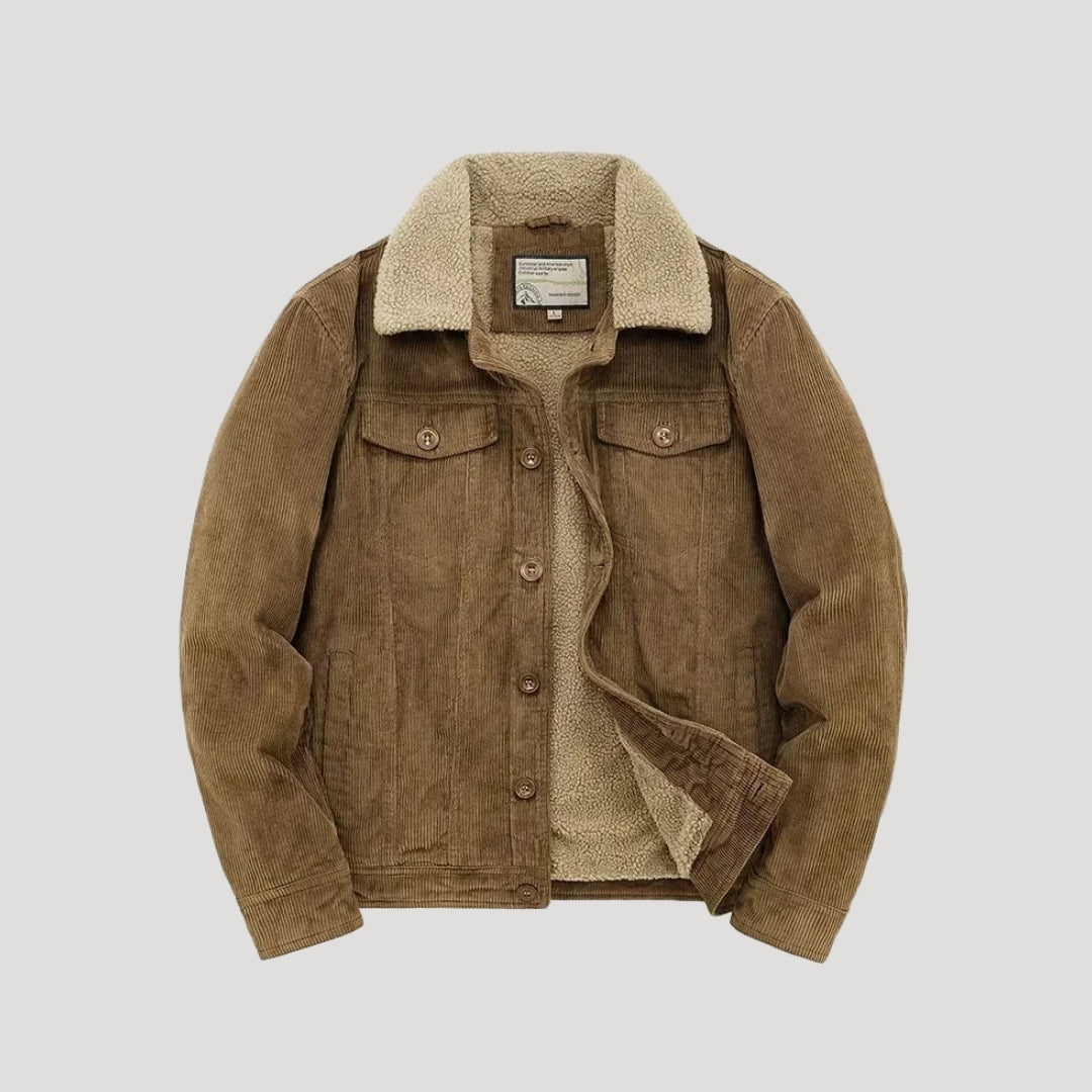 Men's corduroy jacket with contrasting shearling-style collar and button front