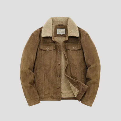 Men's corduroy jacket with contrasting shearling-style collar and button front