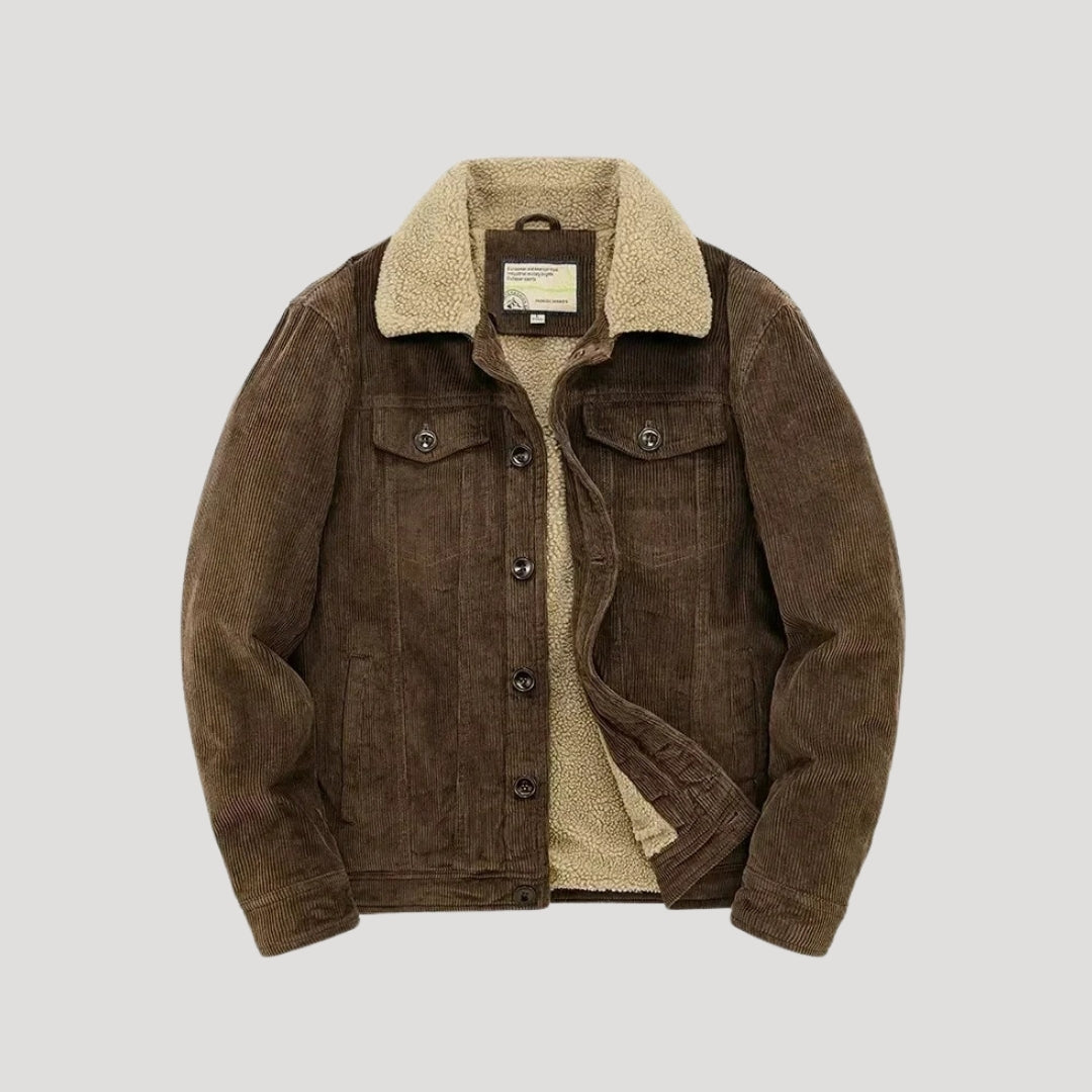 Men's corduroy jacket with contrasting shearling-style collar and button front