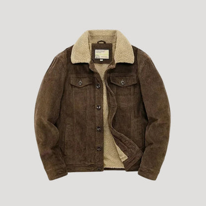 Men's corduroy jacket with contrasting shearling-style collar and button front