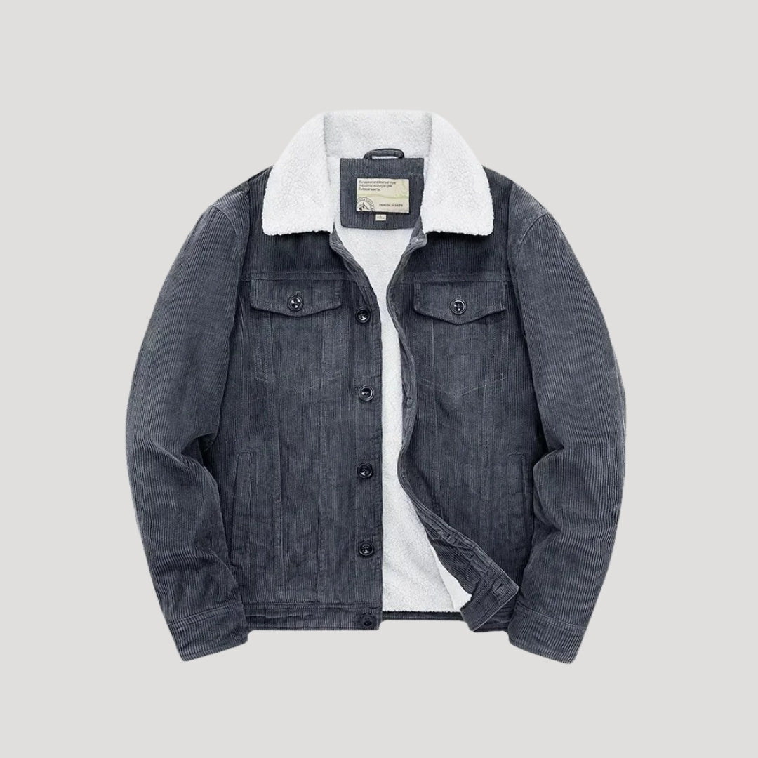 Men's corduroy jacket with contrasting shearling-style collar and button front