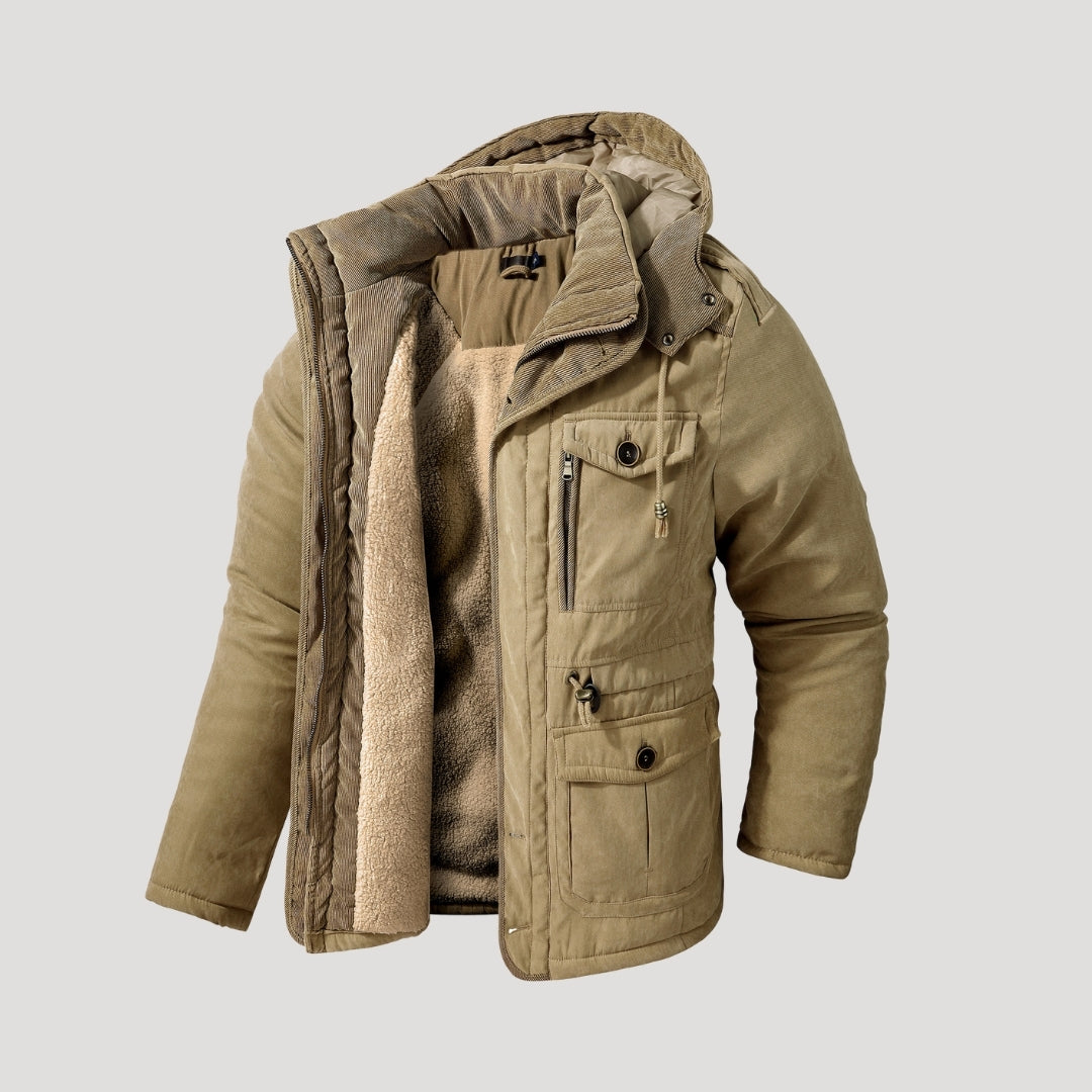 Men's hooded padded winter parka jacket with multiple pockets and fleece-style lining