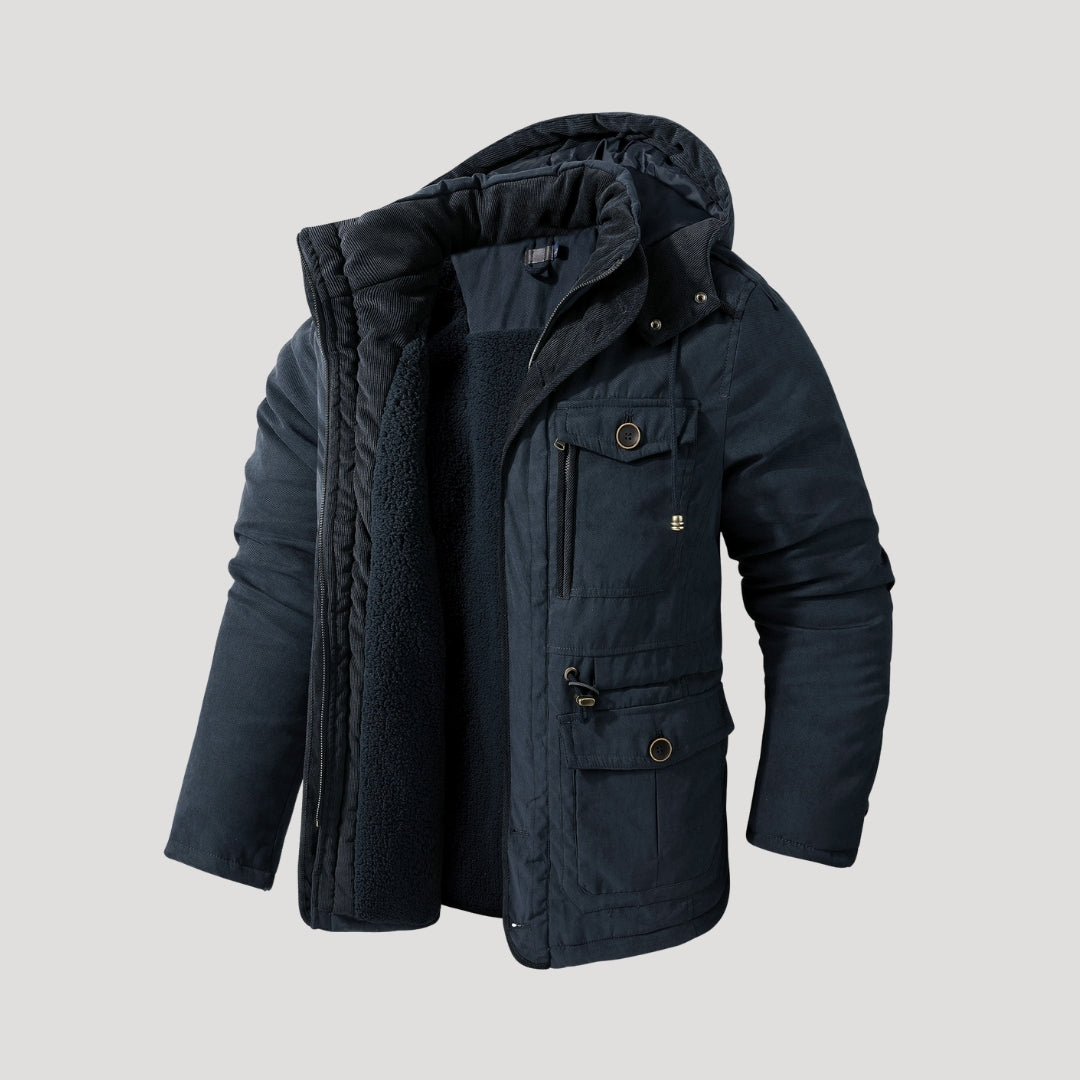 Men's hooded padded winter parka jacket with multiple pockets and fleece-style lining