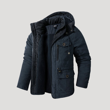 Men's hooded padded winter parka jacket with multiple pockets and fleece-style lining