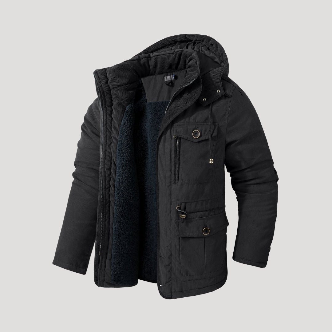 Men's hooded padded winter parka jacket with multiple pockets and fleece-style lining