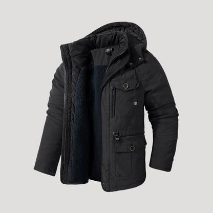 Men's hooded padded winter parka jacket with multiple pockets and fleece-style lining