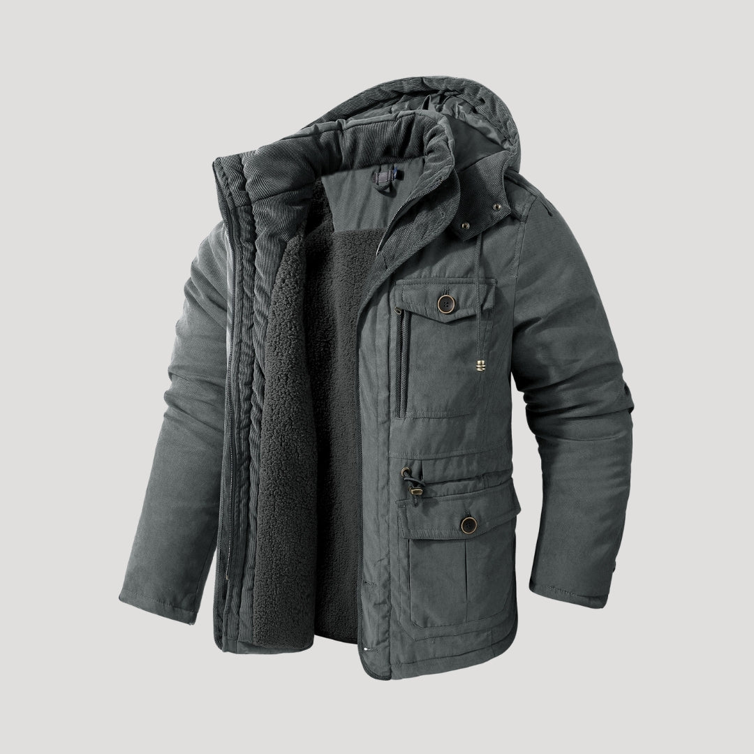 Men's hooded padded winter parka jacket with multiple pockets and fleece-style lining