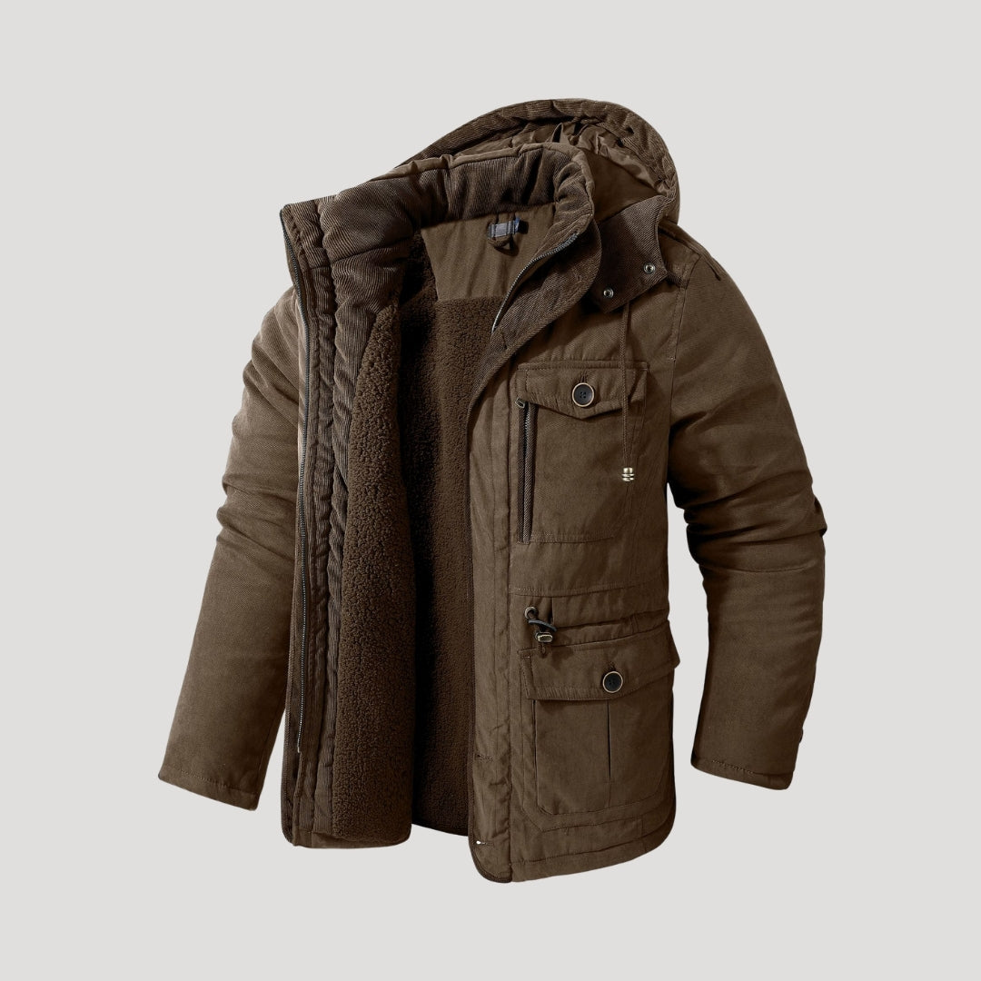 Men's hooded padded winter parka jacket with multiple pockets and fleece-style lining