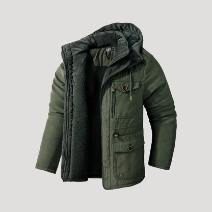 Men's hooded padded winter parka jacket with multiple pockets and fleece-style lining