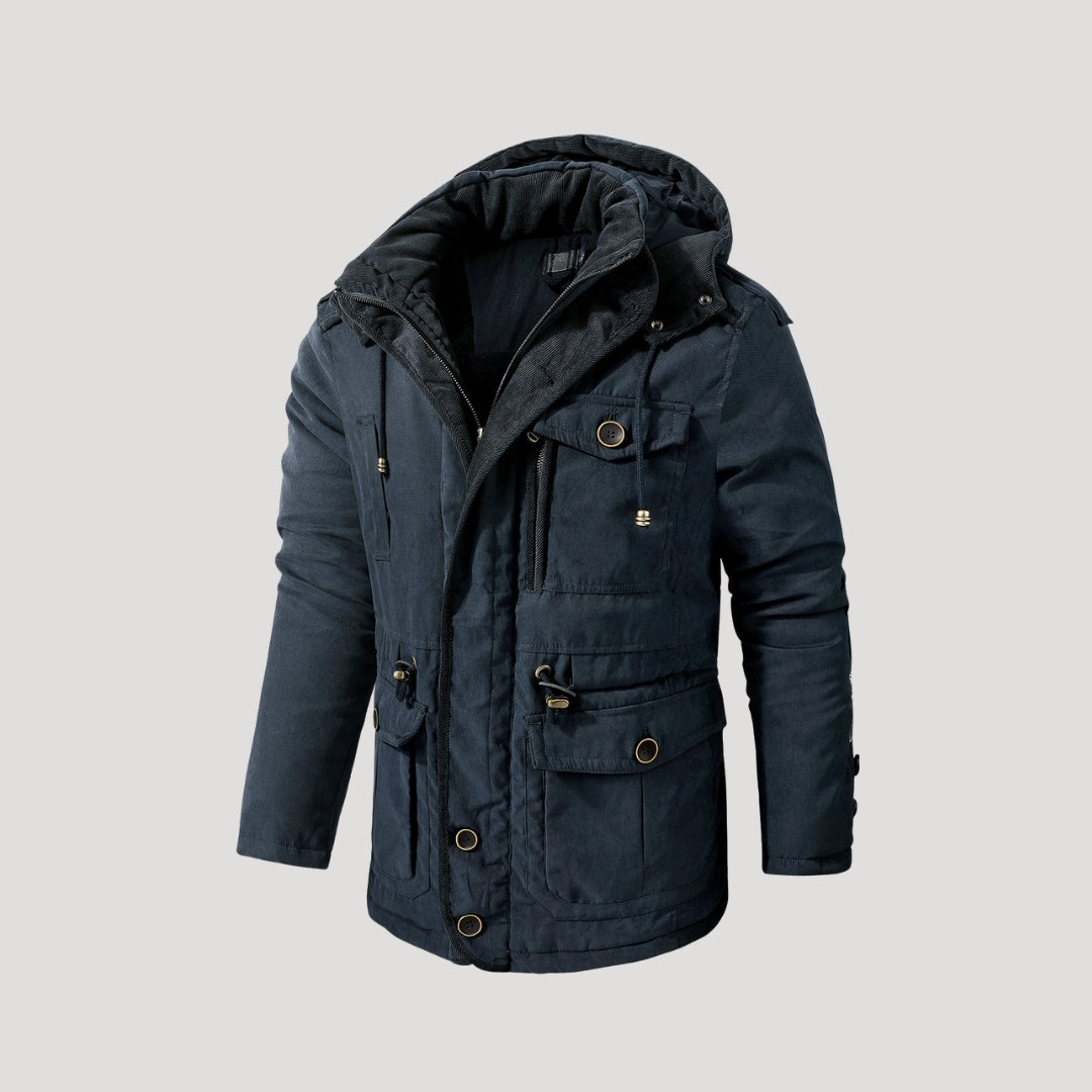 Men's hooded padded winter parka jacket with multiple pockets and fleece-style lining