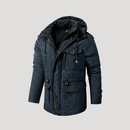 Men's hooded padded winter parka jacket with multiple pockets and fleece-style lining